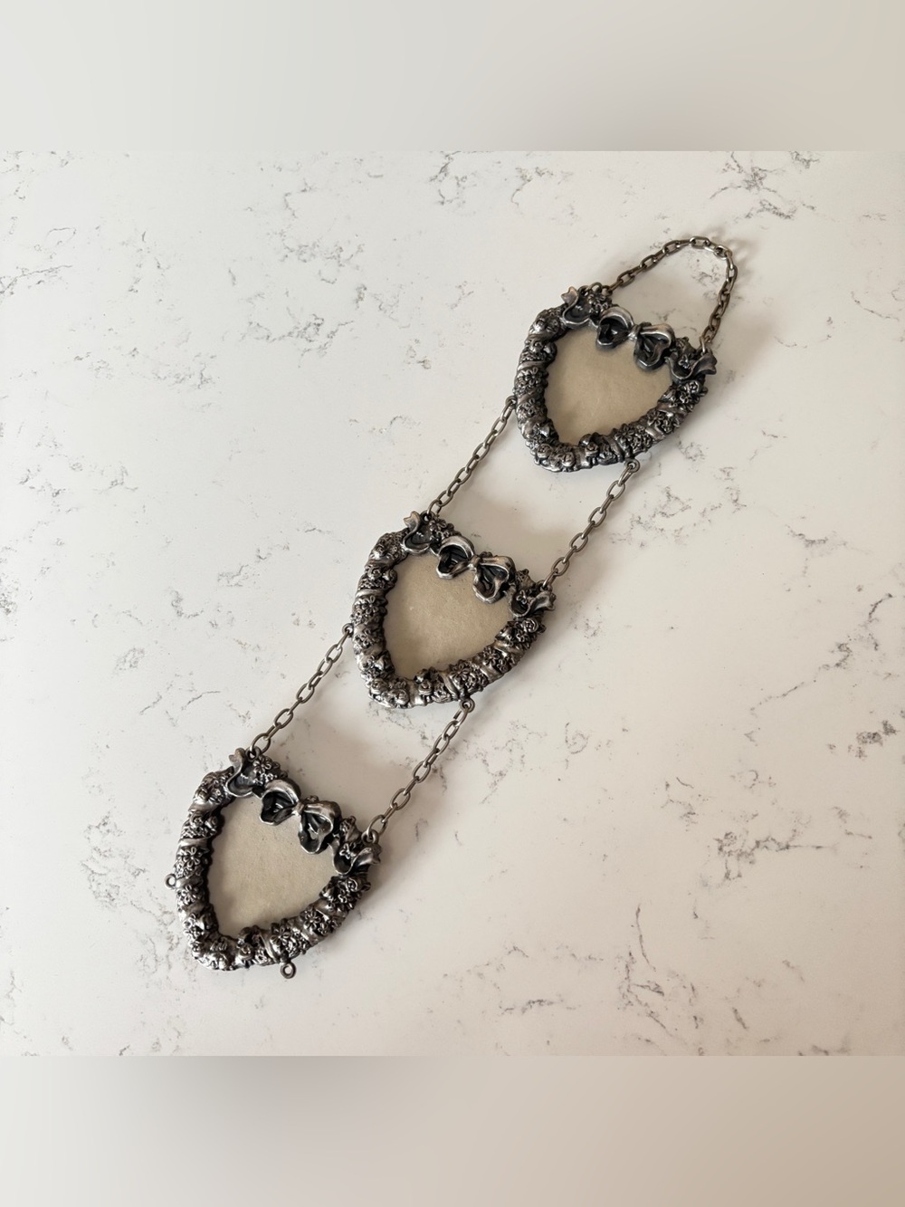 Vintage Tiered Chain Pewter Triple Heart Photo Frame Wall Hanging